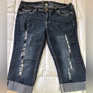 Ariya Dark Blue Distressed Boyfriend Capris Jeans